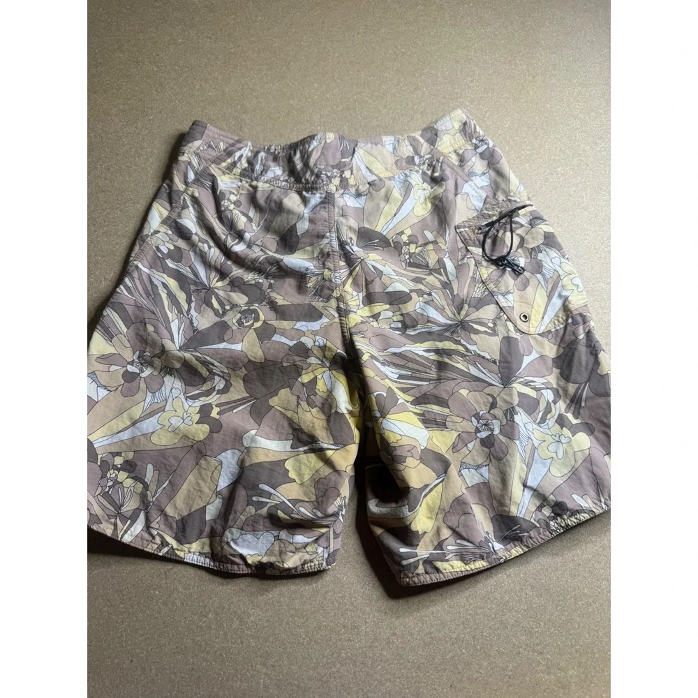 Patagonia Mens Board Shorts Size 32 Floral‎ Camo Nylon Swim Trunks Brown Yellow